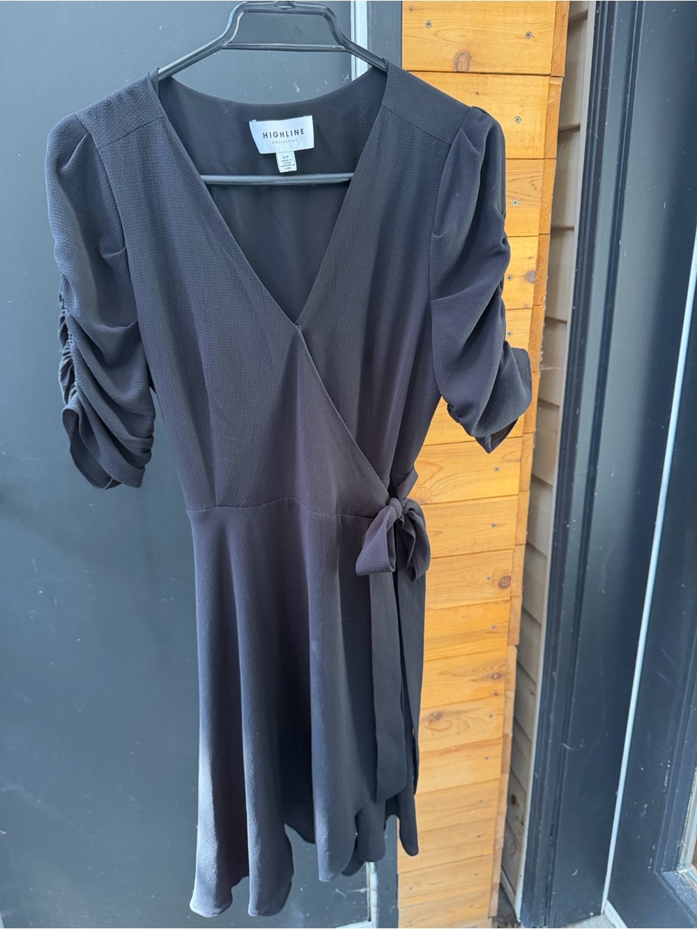 Wrap Ruched Shoulder Dress in Black